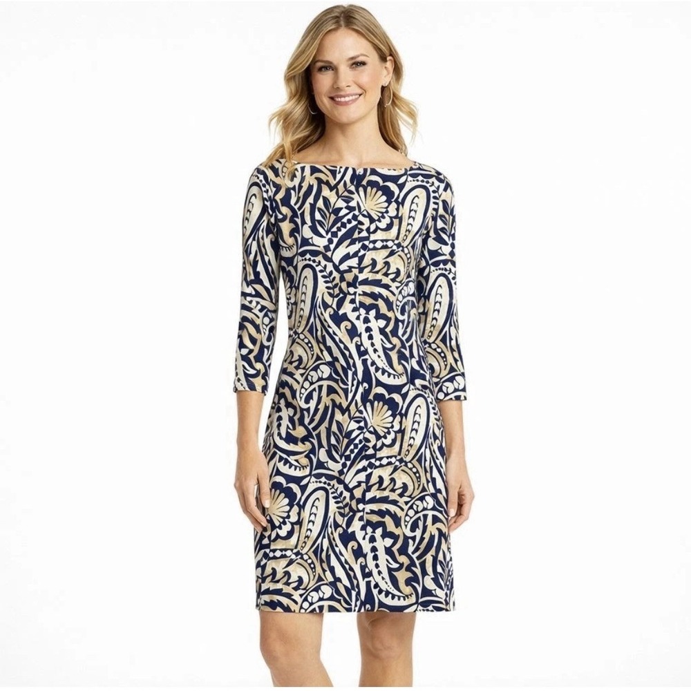J McLaughlin Imogen Paisley Shift Dress Navy Tan Sheath 3/4 Sleeve Stretch Large